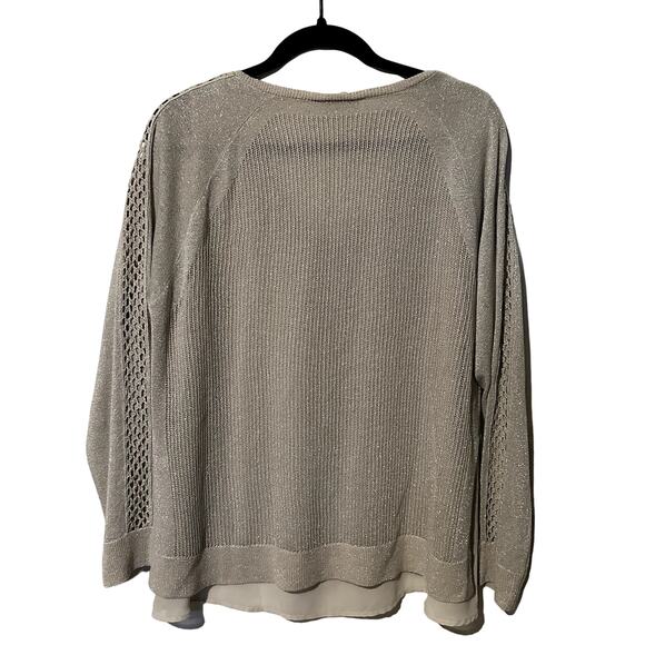 Lucky Brand Women's Sz Large V Neck Knit Metallic Champagne Sweater Ivory Lined - Picture 2 of 9
